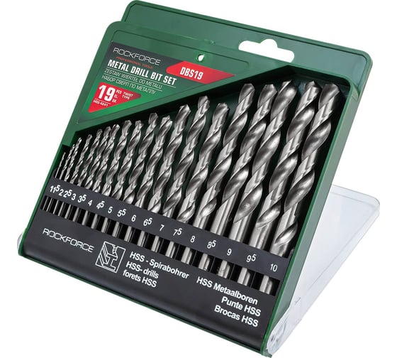 Изображение товара Набор сверл по металлу Rockforce HSS, 19 предметов(1/1.5/2/2.5/3/3.5/4/4.5/5/5.5/6/6.5/7/7.5/8/8.5/9/9.5/10мм), в пластиковом футляре RF-DBS19(29135)
