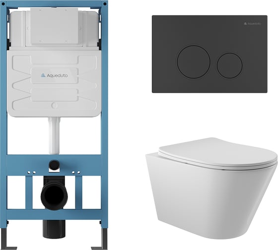 Изображение товара Система инсталляции для подвесного унитаза, Aqueduto AQD комплект: TECNICA CIRCULO Панель смыва, черный матовый, CONE Унитаз подвесной 525х360 безободковый, сиденье с микролифтом, белый глянцевый AQDS005
