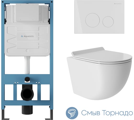 Изображение товара Система инсталляции для подвесного унитаза, Aqueduto AQD комплект: TECNICA CIRCULO Панель смыва, белый глянцевый, OVO Унитаз подвесной 480х360 безободковый, Tornado, сиденье с микролифтом, белый глянцевый AQDS001T