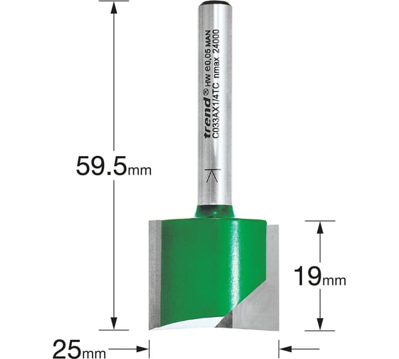 Изображение товара Фреза пазовая прямая (25х19х59,5 мм, 2 лезвия, хвостовик 8 мм) по дереву TREND C033AX8MMTC