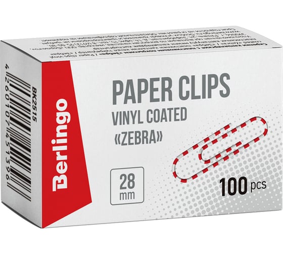Изображение товара Цветные скрепки BERLINGO Зебра 28 мм, 100 штук, картонная упаковка BK2515