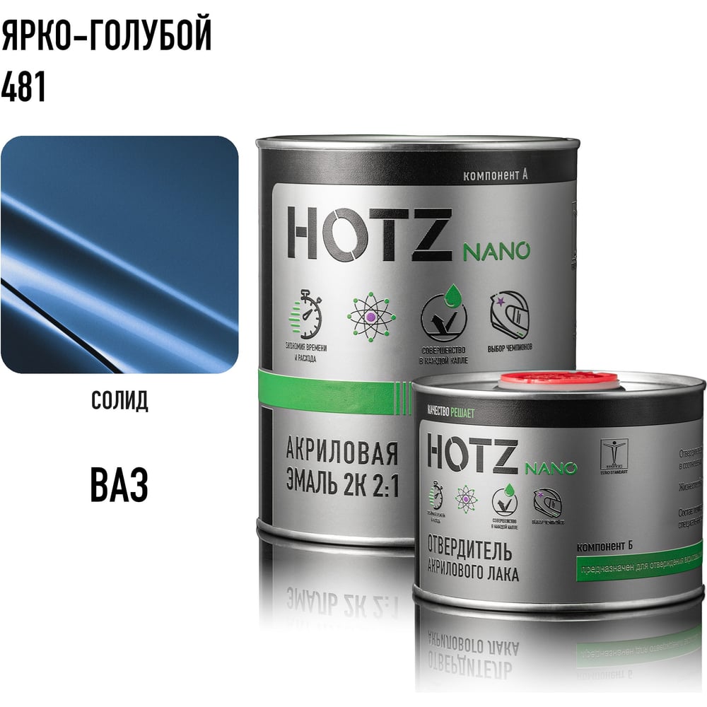 Акриловая эмаль HOTZ 2К 2:1 Ярко-голубой 481 комплект: эмаль 1000 мл + отвердитель 500 мл 4673755218592
