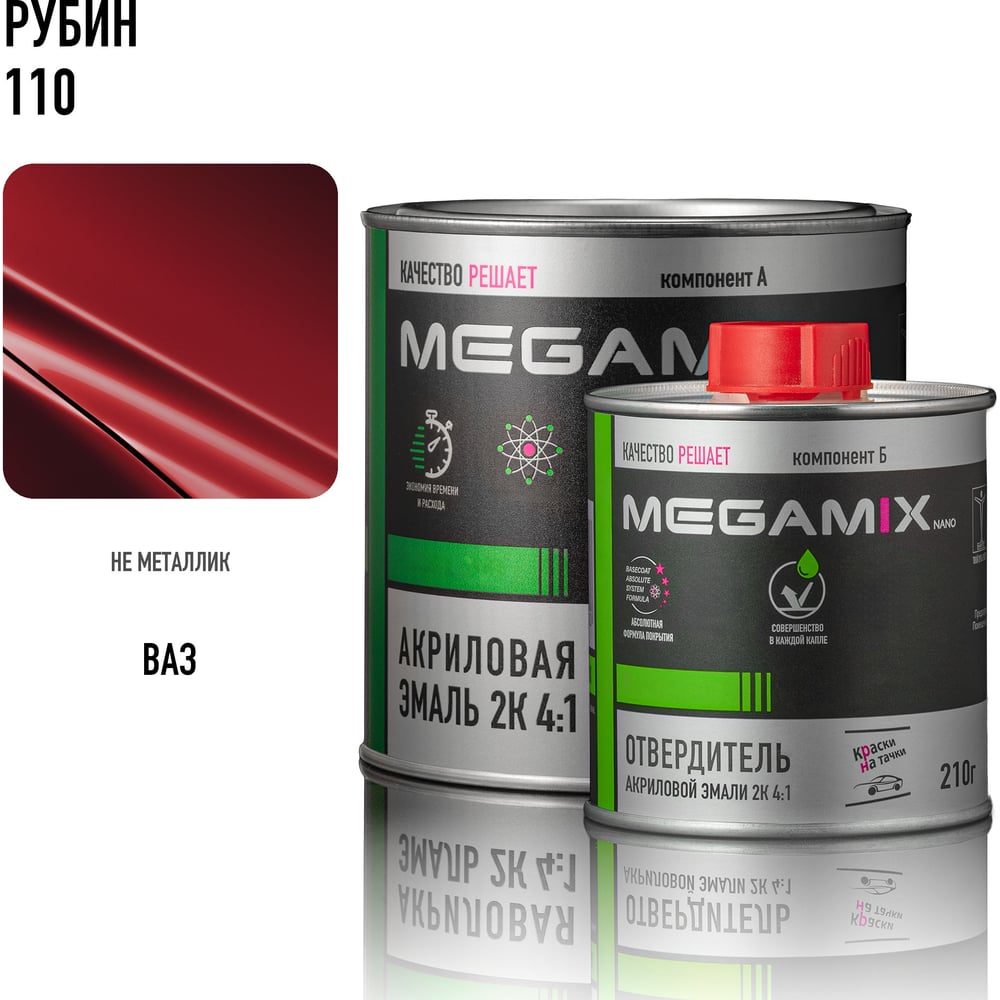 Изображение товара Акриловая автоэмаль Megamix 2К 4:1 Рубин 110 840 мл + отвердитель 210 мл профессиональная для кузов Изображение товара Акриловая автоэмаль Megamix 2К 4:1 Рубин 110 840 мл + отвердитель 210 мл профессиональная для кузов