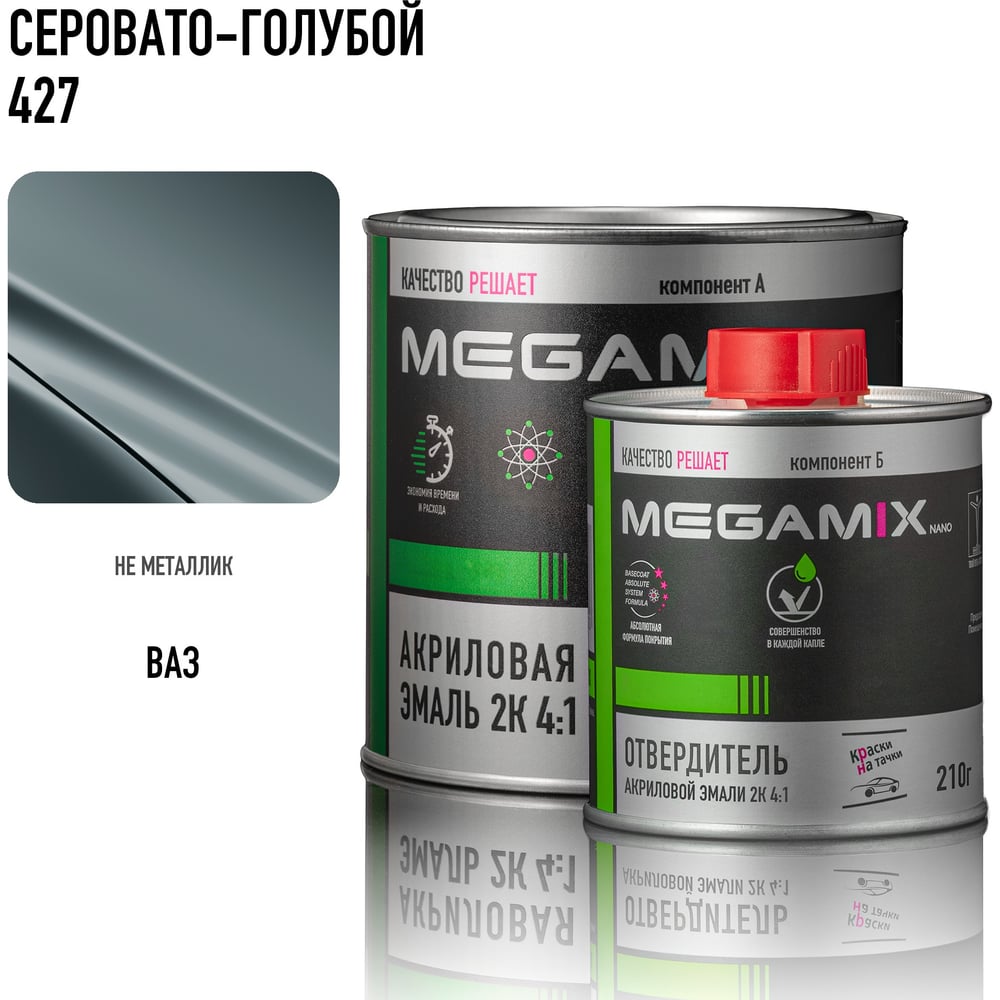 Изображение товара Акриловая автоэмаль Megamix 2К 4:1 Серовато-голубая 427 комплект 840 мл + отвердитель 210 мл Изображение товара Акриловая автоэмаль Megamix 2К 4:1 Серовато-голубая 427 комплект 840 мл + отвердитель 210 мл