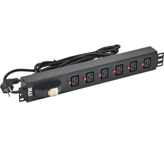 Изображение товара Блок распределения питания ITK PDU, 6 розеток C19 с фиксатором вилки с автоматом на 16А 1,5U, кабель 3м вилка немецкий стандарт алюминиевый профиль черный PH21-06C19-11