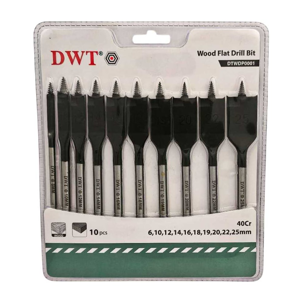 Изображение товара Набор перовых сверл DWT 6/10/12/14/16/18/19/20/22/25 мм из 40Cr с шестивигранным хвостовиком