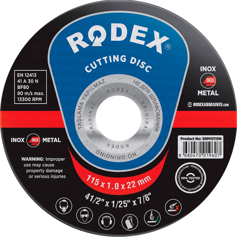 Изображение товара Отрезной круг по металлу и нержавеющей стали RODEX 115x1х22 мм SRM10115N