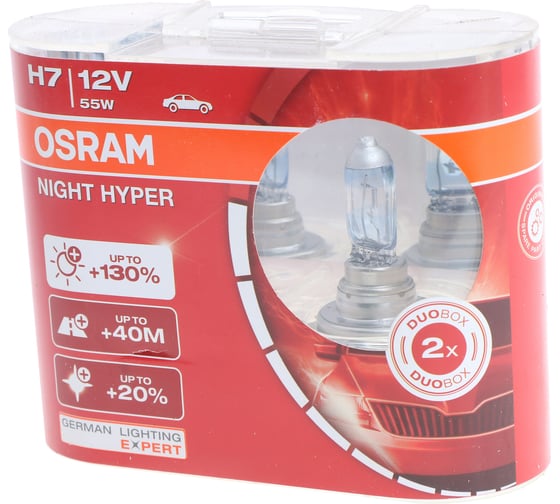 Изображение товара Автолампа H7 55 PX26d+130 NIGHT HYPER евробокс 2 штуки 12В 64210NH-HCB Osram 033120
