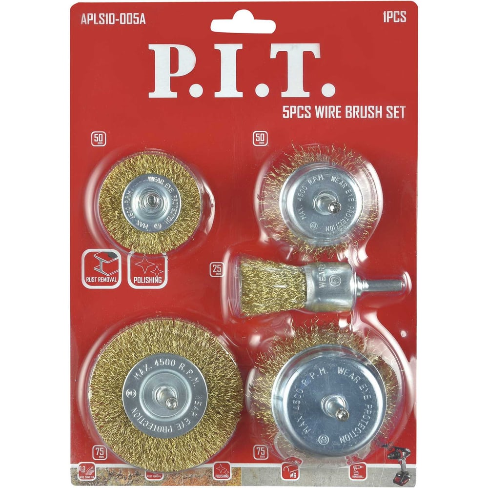 Изображение товара Набор кордщеток P.I.T. 5 шт латунированная сталь хвостовик 6 мм