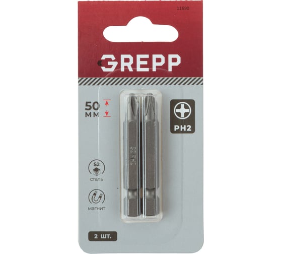 Изображение товара Набор бит GREPP PH2x50 мм, стальS2, (2шт) 11690