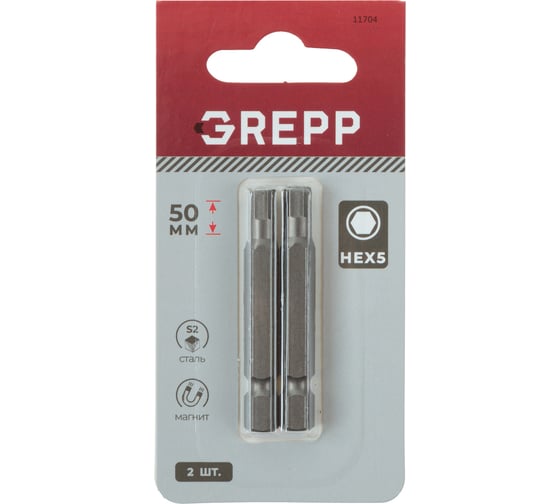 Изображение товара Набор бит GREPP HEX5x50 мм, стальS2, (2шт) 11704