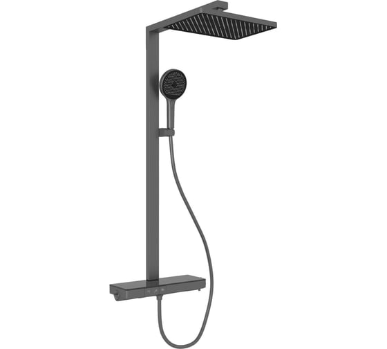 Изображение товара Душевая стойка Sancos Vos с термостатическим смесителем, изливом, полкой, шлангом 1.5 м, верхним и ручным душем, цвет вороненая сталь, арт. SC6100GG