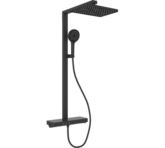 Изображение товара Душевая стойка Sancos Vos с термостатическим смесителем, изливом, полкой, шлангом 1.5 м, верхним и ручным душем, цвет черный матовый, арт. SC6100MB