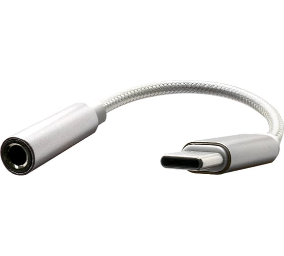 Изображение товара Адаптер OXION Type-C(M)–Jack 3.5мм (F), 12см, металические коннекторы, оплётка, серебрянный/белый, арт. OX-ADPCM-JACK3.5SL/WH