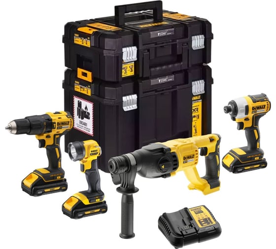 Изображение товара Набор аккумуляторный Dewalt DCK440L3T, 18 В: дрель-шуруповерт DCD778 + шуруповерт DCF887 + перфоратор DCH033 + фонарь DCL040, с 3 АКБ 3 Ач и ЗУ, в 2 кейсах TSTAK DCK440L3T-QW