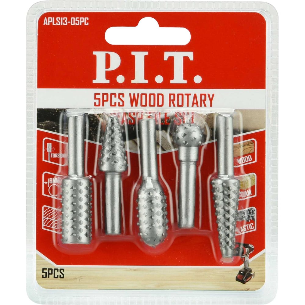 Изображение товара Набор шарошек стальных по дереву P.I.T. 5шт, хвостовик 6 мм APLS13-05PC