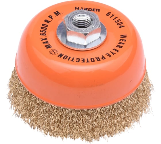 Изображение товара Щетка для УШМ Harden 125 мм, М14х2, чашка, латунированная витая проволока 0.5 мм 611514