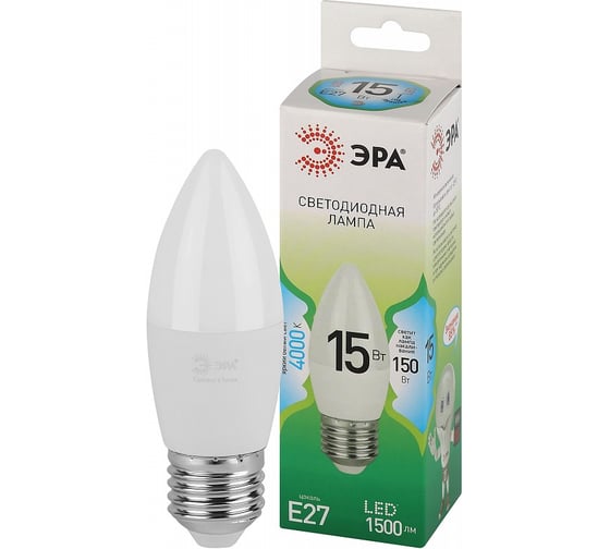 Изображение товара Лампочка светодиодная ЭРА GREEN LINE LED B3515W840E27 GL, E27, 15 Вт, свеча, яркий белый свет Б0067115