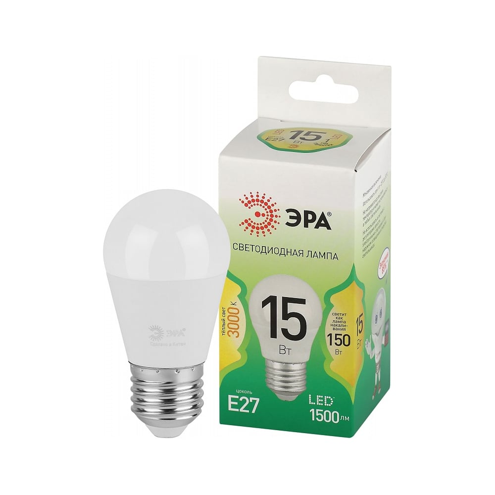 Изображение товара Лампочка светодиодная ЭРА GREEN LINE LED P4515W830E27 GL, E27, 15 Вт, шар, теплый свет Б0067038