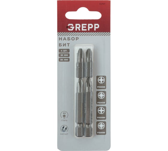 Изображение товара Набор бит GREPP PH2, PZ2x25, PH2, PZ2x50 мм (4шт) 11707