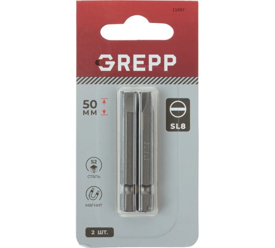 Изображение товара Набор бит GREPP SL8x50 мм, сталь S2, (2шт) 11697