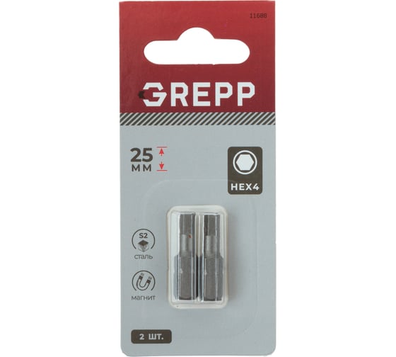 Изображение товара Набор бит GREPP HEX4x25 мм, сталь S2, (2шт) 11688