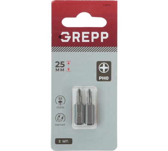 Изображение товара Набор бит GREPP PH0x25 мм, сталь S2, (2шт) 11672