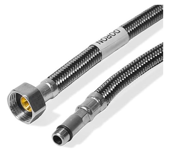 Изображение товара Подводка для смесителя Doron с оплетением из нержавейки и фибро-нейлона 1/2, М10, 120 см, длинная 014460