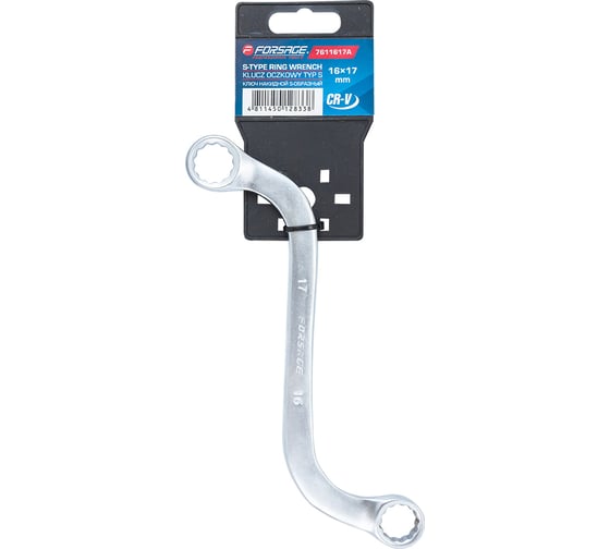 Изображение товара Ключ накидной Forsage S-образный 16х17мм, на пластиковом держателе F-7611617A(27290)