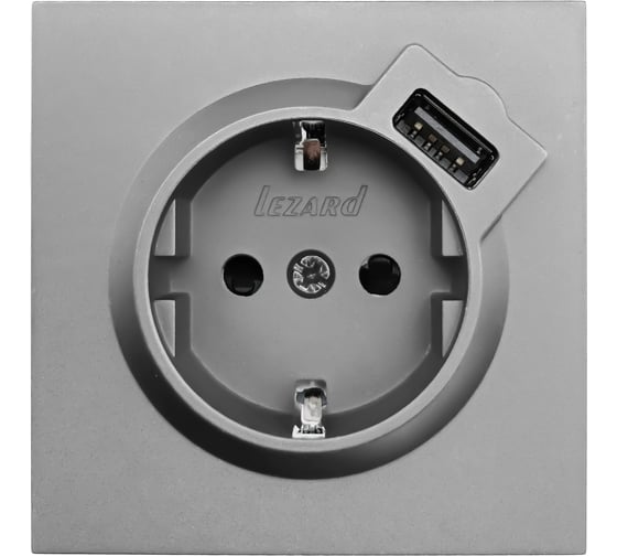Изображение товара Розетка Lezard ZIMA с заземлением + USB разъем, серый матовый 704-7488-181