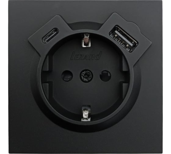Изображение товара Розетка Lezard ZIMA с заземлением TC + USB разъем, черный бархат 704-4288-181TC