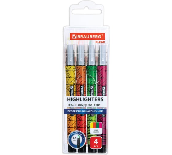 Изображение товара Набор текстовыделителей BRAUBERG с прозрачным наконечником, 4 цвета Clear, линия 1-5 мм 152426