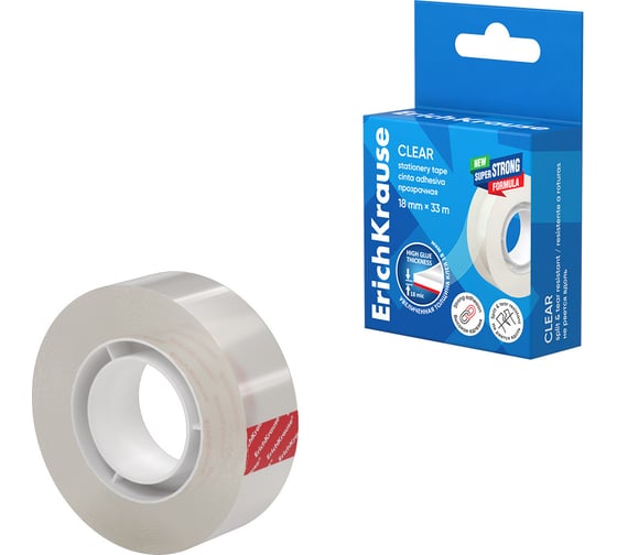 Изображение товара Клейкая лента ErichKrause Clear прозрачная, 18 ммх33 м (в коробке по 1 шт) 58722