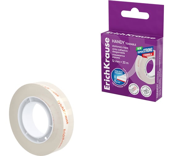 Изображение товара Клейкая лента ErichKrause Handy tearable, повышенной прозрачности, легко оторвать руками, 12 ммх33 м (в коробке по 1 шт.) 58736