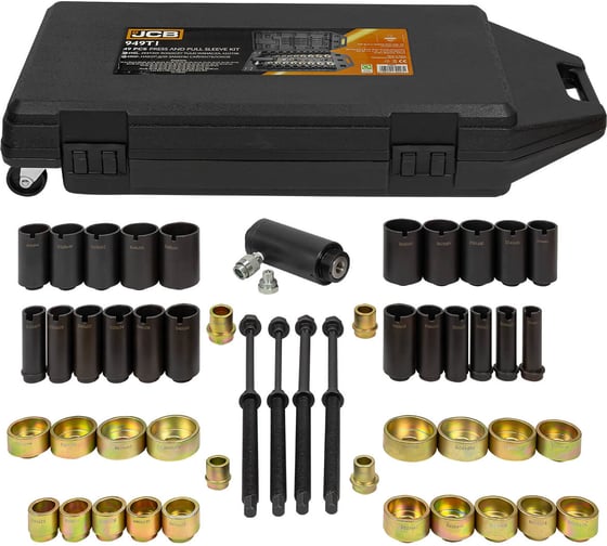 Изображение товара Набор для замены сайлентблоков с гидравлическим цилиндром JCB 49 предметов (М10,12,14,16; Øвнешн 68-26мм; Øвнутр 58-16мм (h-40мм), 60-18мм (h-110мм))в кейсе JCB-949T1(59775)