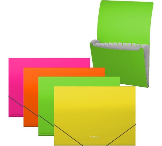 Изображение товара Пластиковая папка-картотека ErichKrause Matt Neon с 13 отделениями, A4, ассорти (в пакете по 4 шт) 50428
