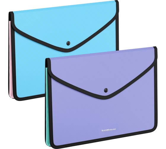 Изображение товара Папка-конверт ErichKrause Diagonal Pastel на кнопке, пластик, обшитая, с текстильной вставкой, A4, непрозрачный, ассорти (в пакете по 4 шт) 55144