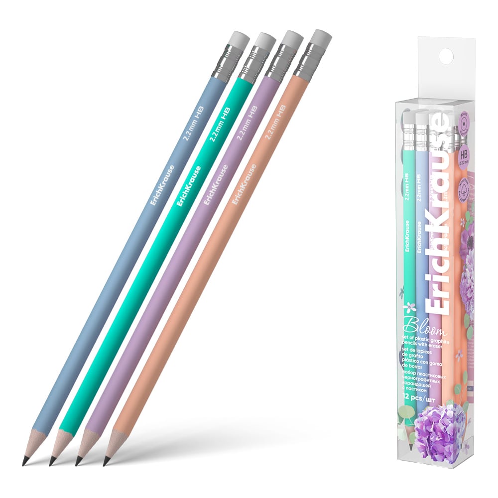 Изображение товара Набор из 12 чернографитных карандашей пластиковых ErichKrause JOY Pastel Bloom, круглых, с ластиком, HB (в пэт-боксе) 60703