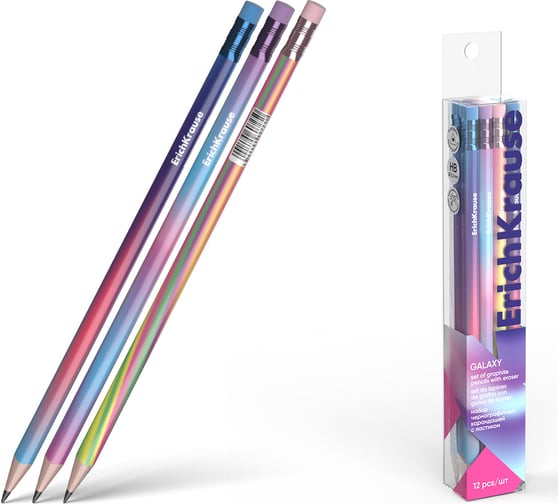 Изображение товара Набор из 12 чернографитных карандашей ErichKrause Galaxy, трехгранных, с ластиком, HB (в пэт-боксе) 60724