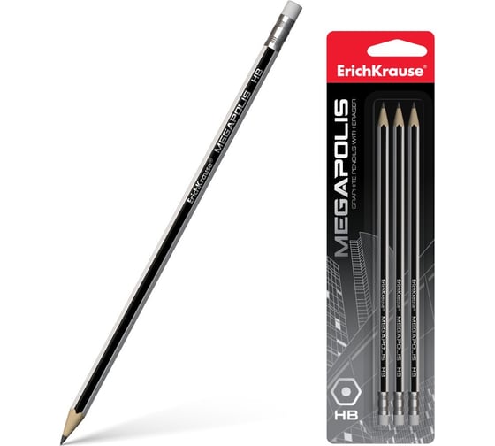 Изображение товара Набор из 3 чернографитных карандашей ErichKrause MEGAPOLIS, шестигранных, с ластиком, HB (в блистере) 44490