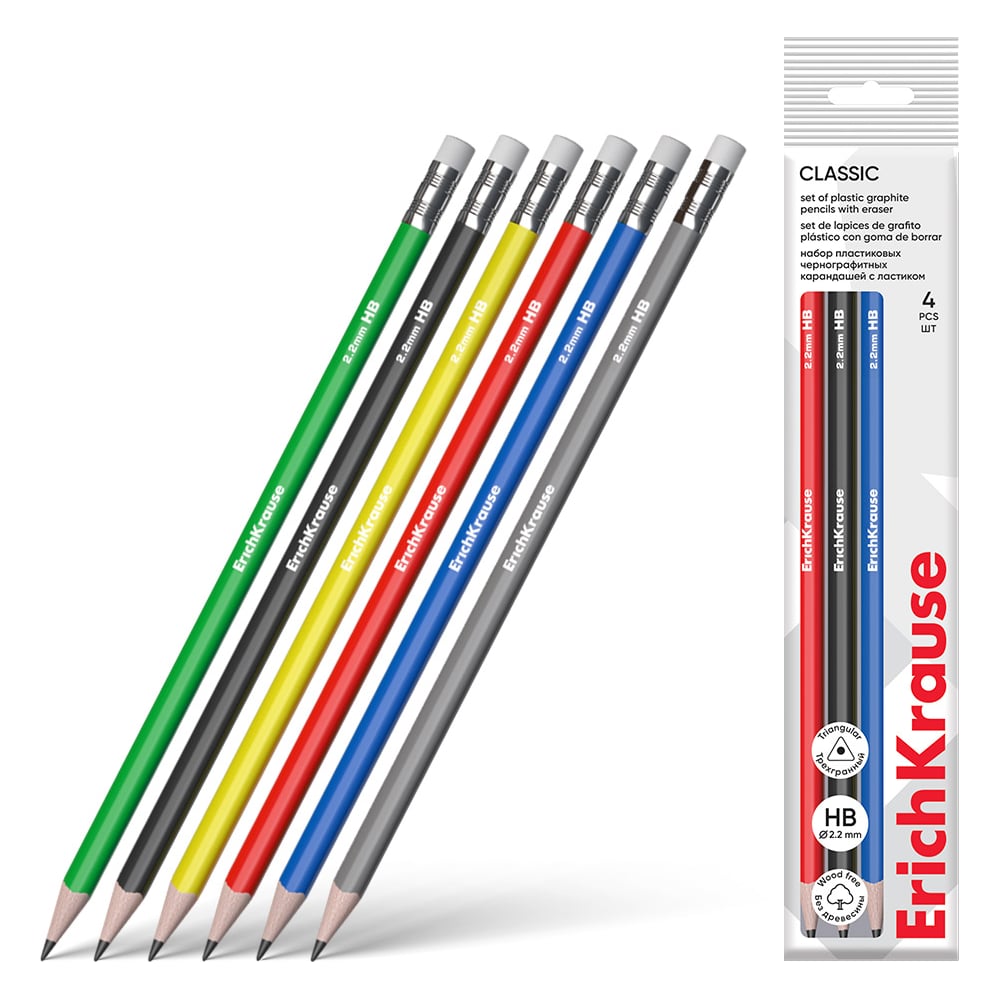 Изображение товара Набор из 4 чернографитных карандашей ErichKrause Classic triangle с ластиком HB тригранные