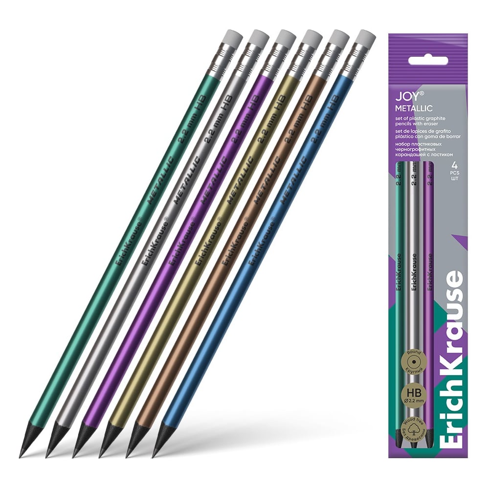 Изображение товара Набор из 4 чернографитных карандашей пластиковых ErichKrause JOY Metallic, круглых, с ластиком, HB (в пакете) 61732