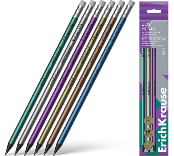Изображение товара Набор ErichKrause из 4 графитных карандашей пластиковых JOY® Металлик, круглых, с ластиком, ТМ 61732