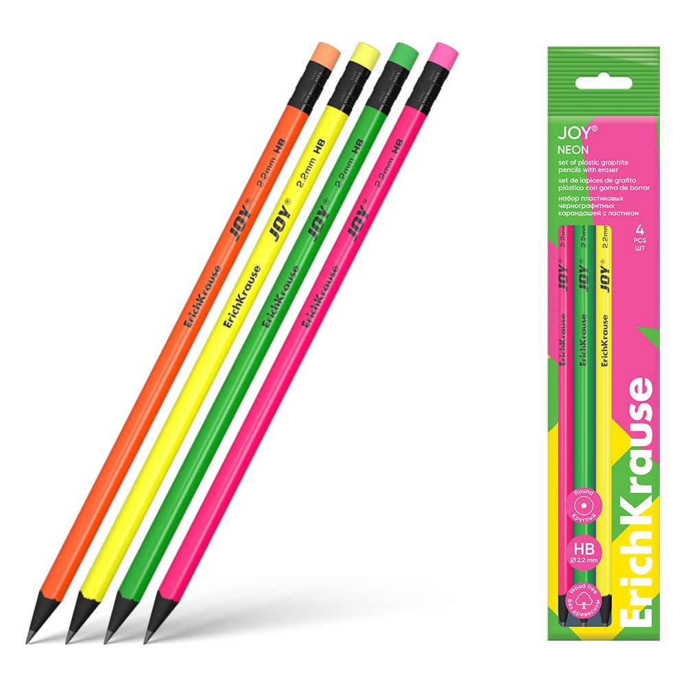 Изображение товара Набор из 4 чернографитных карандашей ErichKrause JOY Neon с ластиком