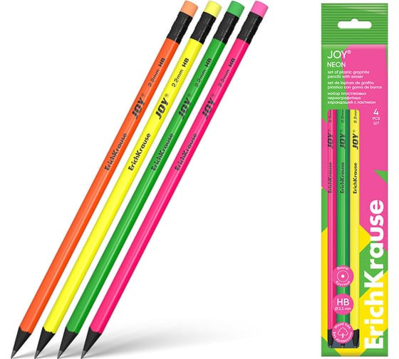 Изображение товара Набор из 4 чернографитных карандашей пластиковых ErichKrause JOY Neon, круглых, с ластиком, HB (в пакете) 60701