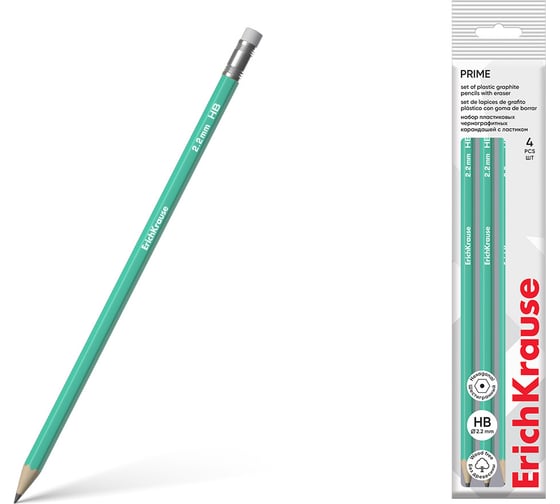 Изображение товара Набор из 4 чернографитных карандашей пластиковых ErichKrause Prime, шестигранных, с ластиком, HB (в пакете) 60697