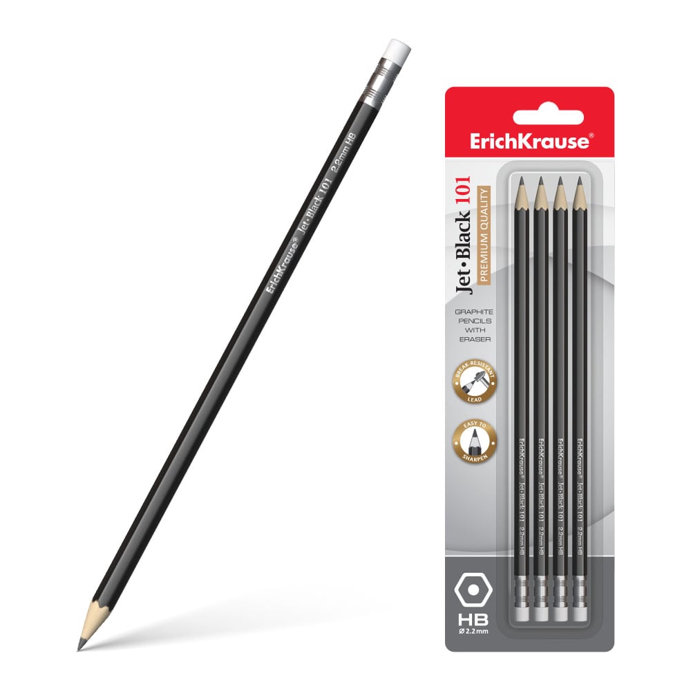 Изображение товара Набор из 4 чернографитных карандашей ErichKrause Jet Black, шестигранных, с ластиком, HB (в блистере) 45607
