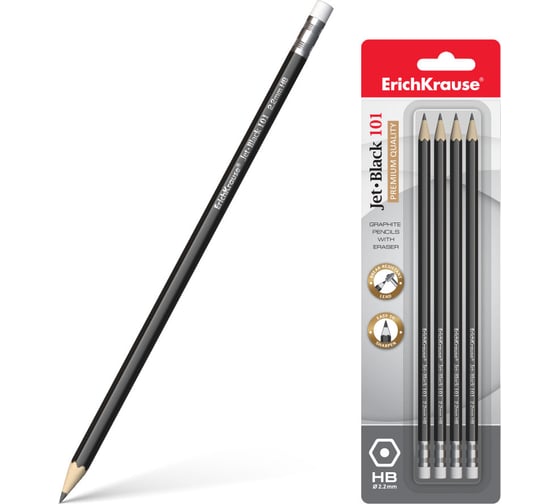 Изображение товара Набор из 4 чернографитных карандашей ErichKrause Jet Black, шестигранных, с ластиком, HB (в блистере) 45607