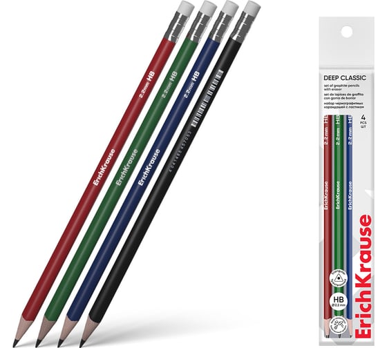 Изображение товара Набор из 4 чернографитных карандашей ErichKrause Deep Classic triangular, трехгранных, с ластиком, HB (в пакете) 60671