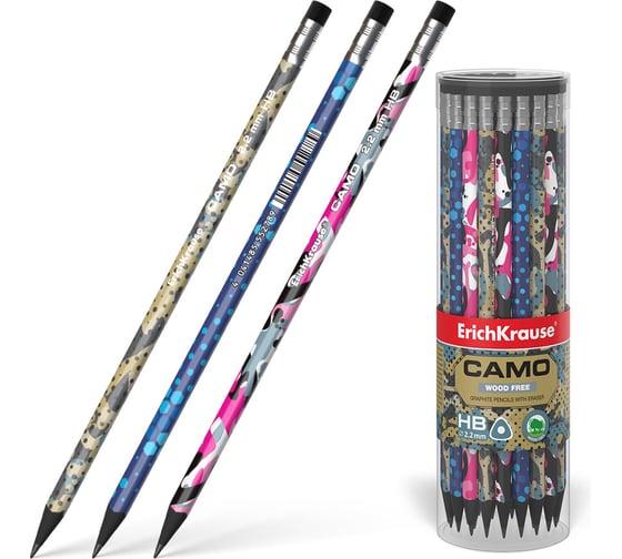 Изображение товара Чернографитный карандаш пластиковый ErichKrause Camo, трехгранный, с ластиком, HB (в тубусе по 42 шт.) 55278